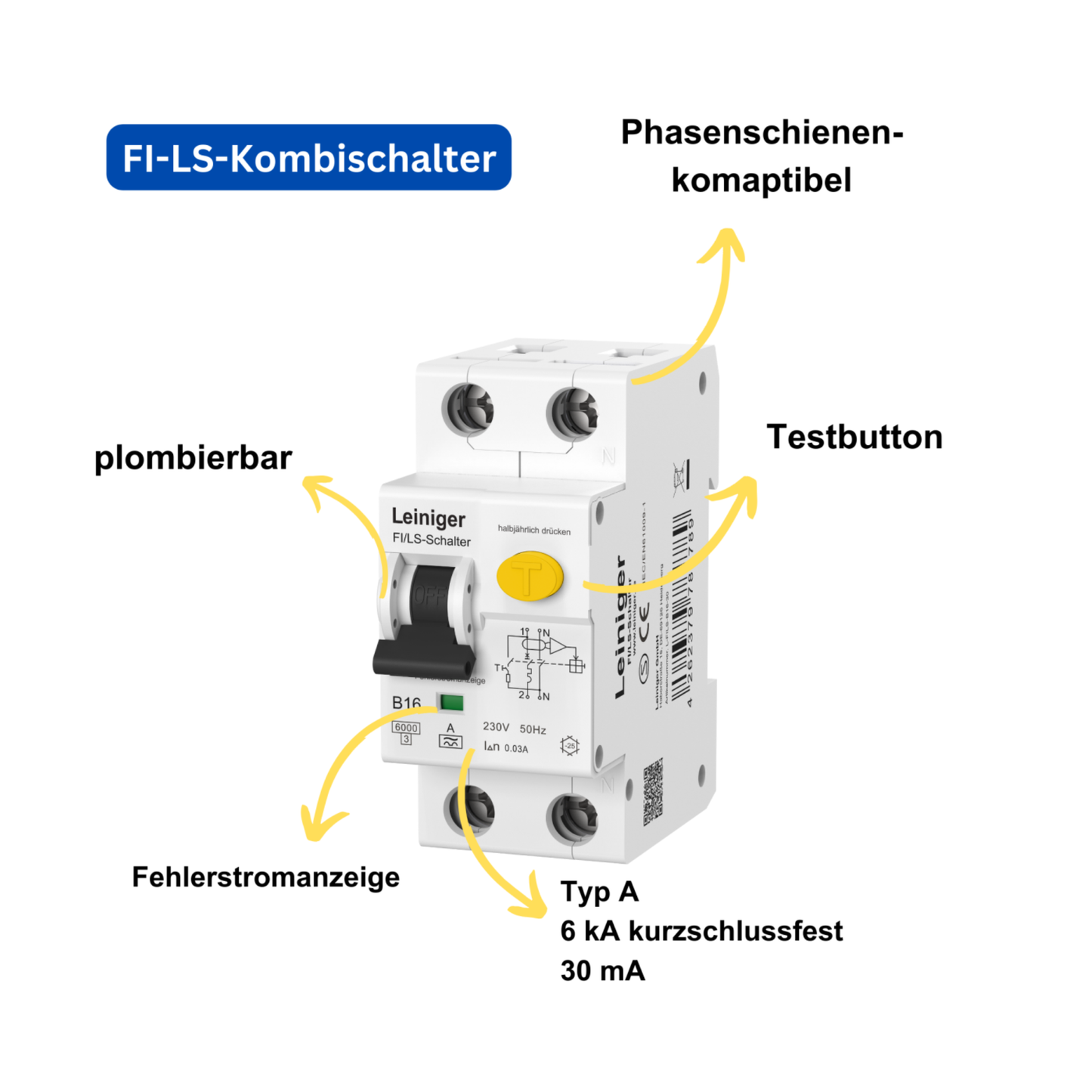 Fehlerstromschutzschalter mit integriertem Leitungsschutzschalter, Typ A, B oder C, 10A-25A